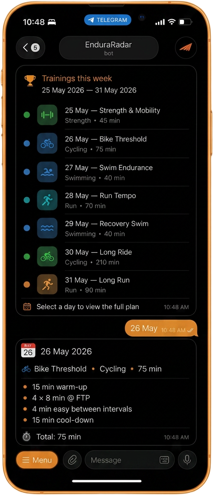 EnduraRadar Telegram bot — weekly training plan preview